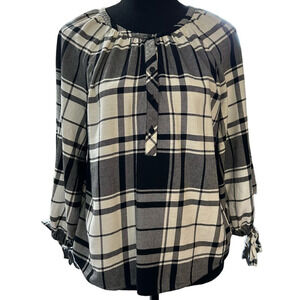 White House Black Market Black and White Plaid Blouse